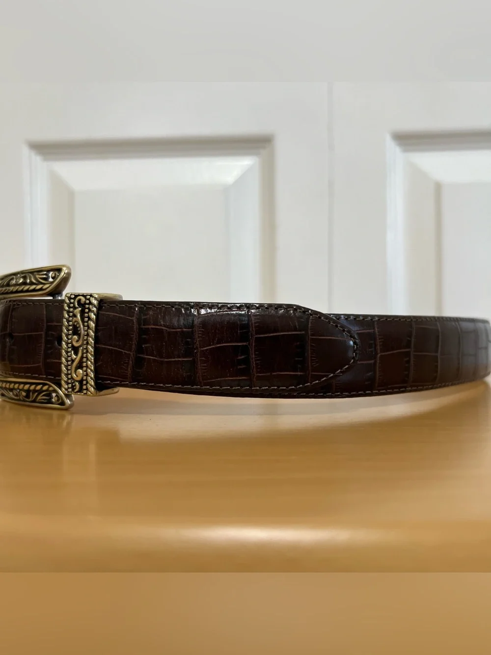 Brighton Classic Brown Croc-Embossed Leather Belt Ornate Silver Buckle 34/Large